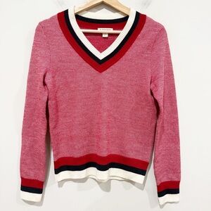 BROOKS BROTHERS Red Fleece V-Neck Sweater Wool Red White Blue Preppy Size XS